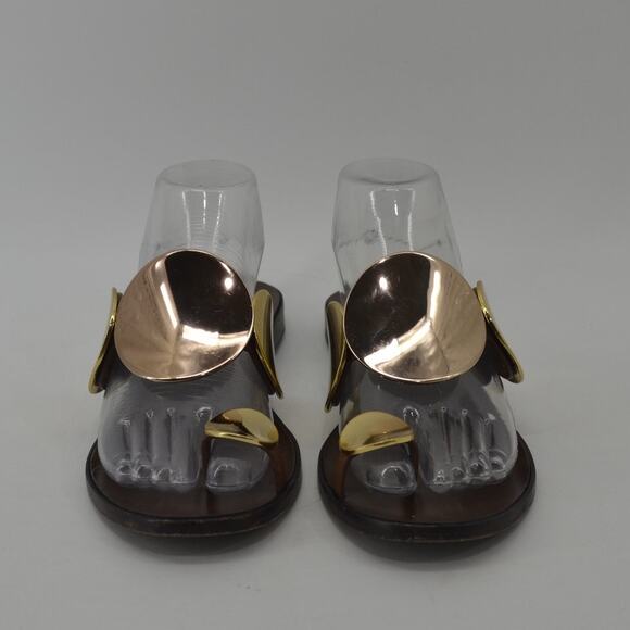 Tory Burch Brown Gold Sandals Circle Plates Size 8 - Picture 4 of 13